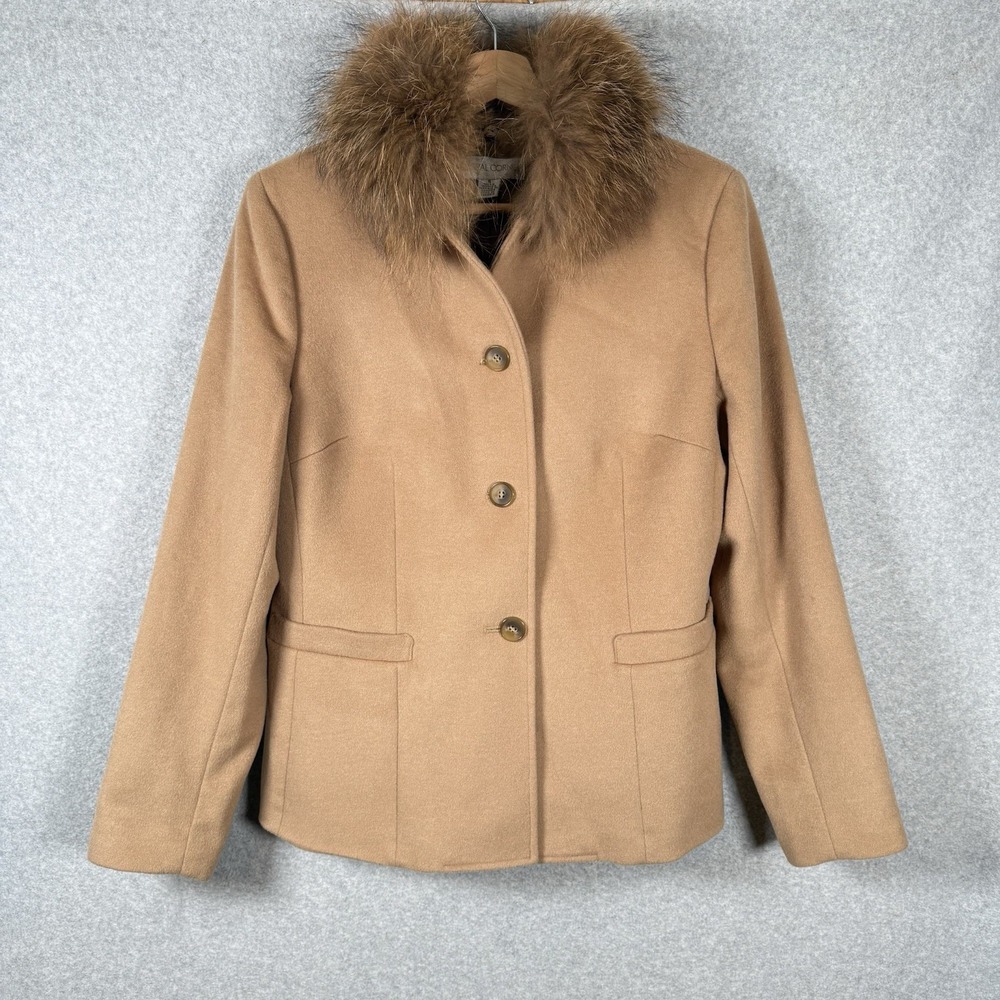 Casual Corner Raccoon Fur Collar Jacket Womens 6 Beige Wool Button Front Vintage